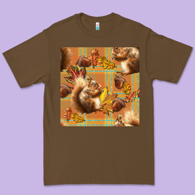 Fall Squirrel And Plaid Seamless Premium Tee Designed By Bundleandbundleshop