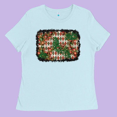 Christmas Ornament And Diamond Plaid  Background Ladies Tee Designed By Bundleandbundleshop