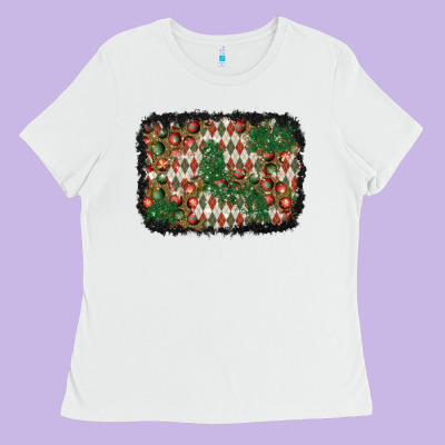 Christmas Ornament And Diamond Plaid  Background Ladies Tee Designed By Bundleandbundleshop