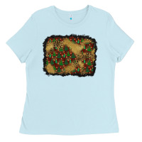 Baby Blue christmas trees and leopard background Ladies Tee - BundleAndBundleShop