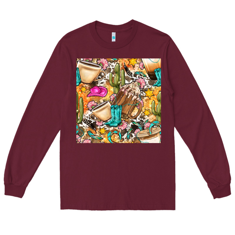 Western Cowgirl Coffee Cup With Cowhide Seamless Pattern Bbs Long Sleeve Tee by BundleAndBundleShop | Teevron
