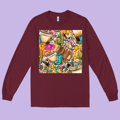 Western Cowgirl Coffee Cup With Cowhide Seamless Pattern Bbs Long Sleeve Tee Designed By Bundleandbundleshop