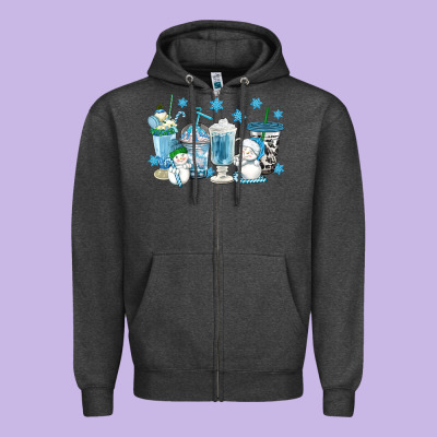 Winter Snowman Coffee Cups Zipper Hoodie Designed By Texasbilliewilder