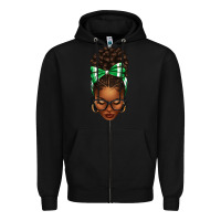 Black Afro Messy Bun Green and White Bow Zipper Hoodie - texasbilliewilder