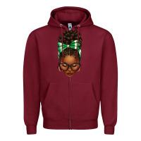 Burgundy Afro Messy Bun Green and White Bow Zipper Hoodie - texasbilliewilder