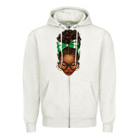 Oatmeal Heather Afro Messy Bun Green and White Bow Zipper Hoodie - texasbilliewilder