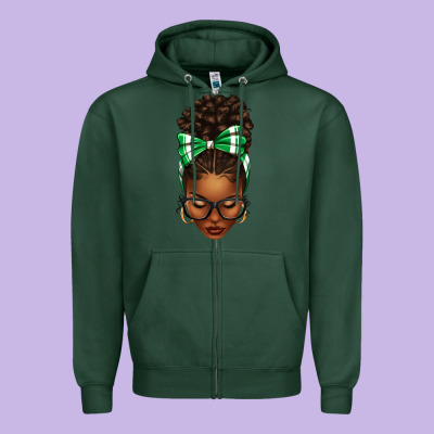 Afro Messy Bun Green And White Bow Zipper Hoodie Designed By Texasbilliewilder