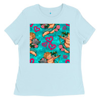 Baby Blue valentines day cupid and neon heart seamless pattern Ladies Tee - BundleAndBundleShop