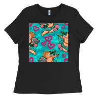 Black valentines day cupid and neon heart seamless pattern Ladies Tee - BundleAndBundleShop