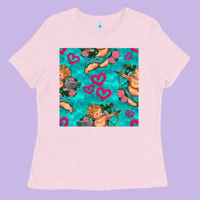 Valentines Day Cupid And Neon Heart Seamless Pattern Ladies Tee Designed By Bundleandbundleshop
