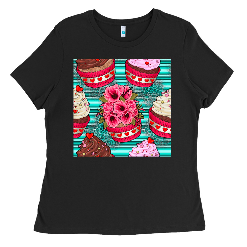Valentines Day Flower Cupcakes And Serape Seamless Pattern Ladies Tee by BundleAndBundleShop | Teevron