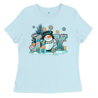 Baby Blue cute coffeecup snowmanand joy Ladies Tee - AdoDesignShop