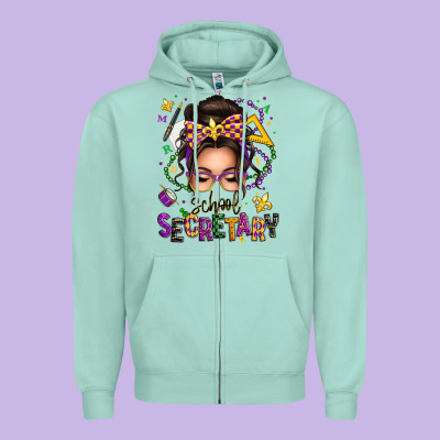 Mardi Gras School Secretary Caucasian Messy Bun Zipper Hoodie Designed By Texasbilliewilder