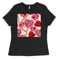 Black valentines day lollipops and lips seamless pattern Ladies Tee - BundleAndBundleShop