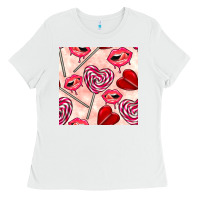 White valentines day lollipops and lips seamless pattern Ladies Tee - BundleAndBundleShop