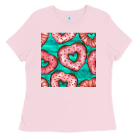 Bubblegum Pink valentines day heart donuts seamless pattern Ladies Tee - BundleAndBundleShop