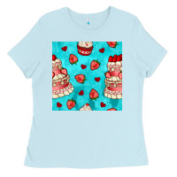 Baby Blue valentines day cake and strawberries seamless pattern Ladies Tee - BundleAndBundleShop