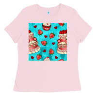 Valentines Day Cake And Strawberries Seamless Pattern Ladies Tee | Teevron