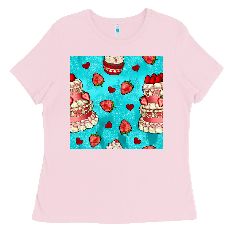 Valentines Day Cake And Strawberries Seamless Pattern Ladies Tee by BundleAndBundleShop | Teevron