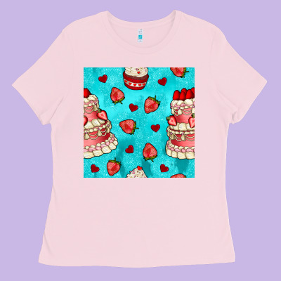 Valentines Day Cake And Strawberries Seamless Pattern Ladies Tee Designed By Bundleandbundleshop