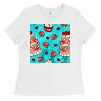 White valentines day cake and strawberries seamless pattern Ladies Tee - BundleAndBundleShop