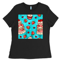 Black valentines day cake and strawberries seamless pattern Ladies Tee - BundleAndBundleShop