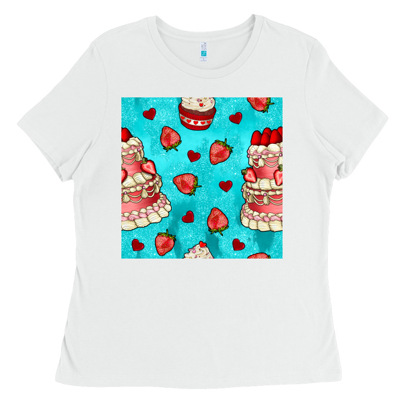 Valentines Day Cake And Strawberries Seamless Pattern Ladies Tee by BundleAndBundleShop | Teevron