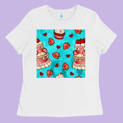 Valentines Day Cake And Strawberries Seamless Pattern Ladies Tee Designed By Bundleandbundleshop