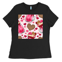 Black valentines day milkshake seamless pattern Ladies Tee - BundleAndBundleShop