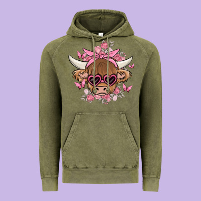Cow With Flowers And Butterflies Vintage Hoodie Designed By Maliassmallbusiness