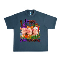 Midnight Navy Happy Hallothanksmas Pigs Urban Heavy Tee - NancyCooperArtShop
