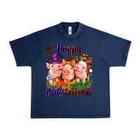 Navy Happy Hallothanksmas Pigs Urban Heavy Tee - NancyCooperArtShop