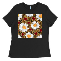 Black valentines day daisy and leopard seamless pattern Ladies Tee - BundleAndBundleShop