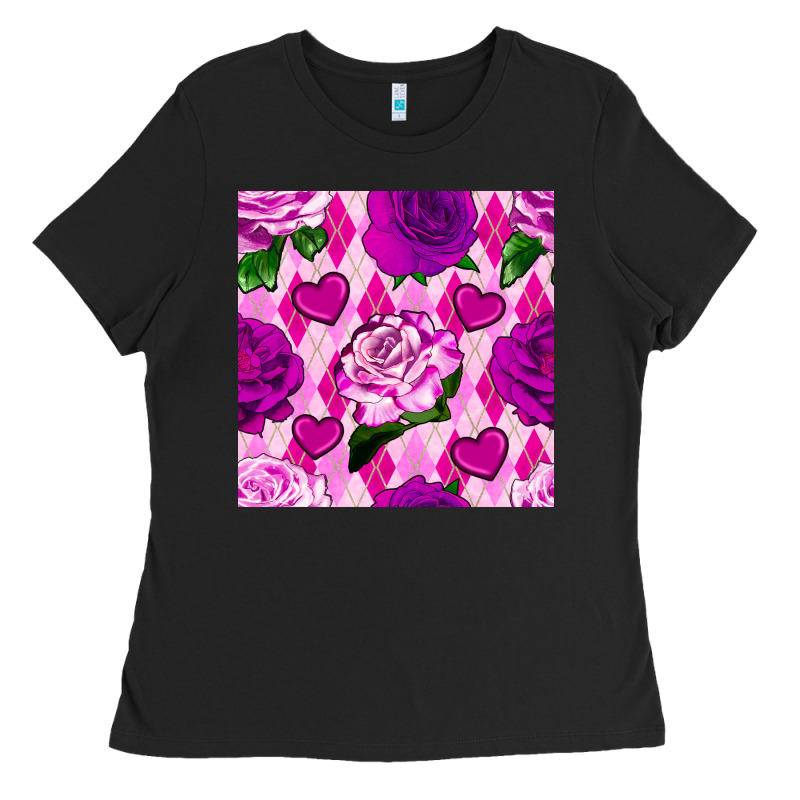 Valentines Day Roses And Diamond Plaid Seamless Pattern Ladies Tee by BundleAndBundleShop | Teevron