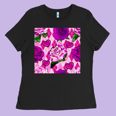 Valentines Day Roses And Diamond Plaid Seamless Pattern Ladies Tee Designed By Bundleandbundleshop