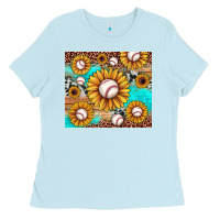 Baby Blue baseball leopard turquoise sunflower Ladies Tee - JahusDesignShop