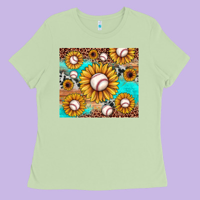 Baseball Leopard Turquoise Sunflower Ladies Tee Designed By Jahusdesignshop