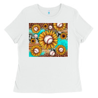 White baseball leopard turquoise sunflower Ladies Tee - JahusDesignShop