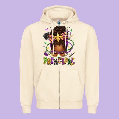 Mardi Gras Principal Afro Messy Bun Zipper Hoodie Designed By Texasbilliewilder