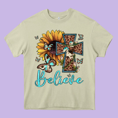 Believe Leopard Cross Sunflower Butterfly Heavy Core Tee Designed By Jahusdesignshop