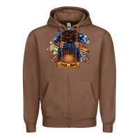 Blue And Gold American Football Afro Messy Bun Zipper Hoodie | Teevron