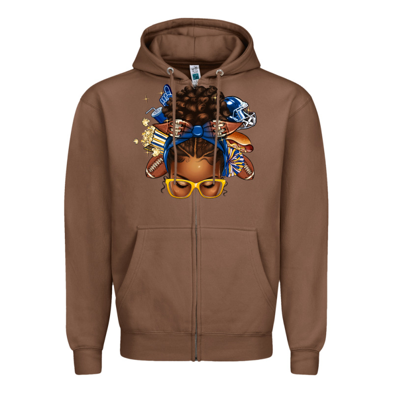 Blue And Gold American Football Afro Messy Bun Zipper Hoodie by texasbilliewilder | Teevron