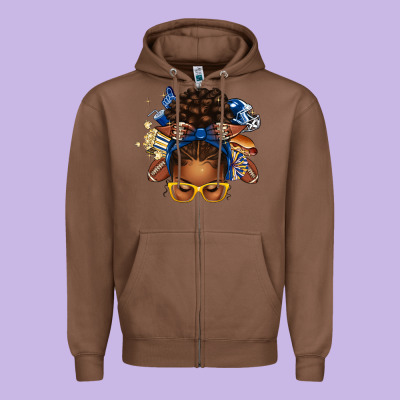 Blue And Gold American Football Afro Messy Bun Zipper Hoodie Designed By Texasbilliewilder