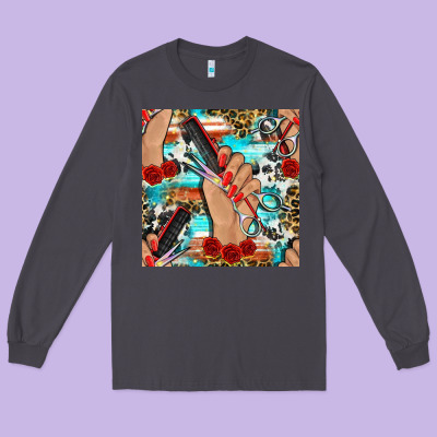 Hairdresser Hand Scissors And Roses With Serape Leopard And Cowhide Se Long Sleeve Tee Designed By Bundleandbundleshop