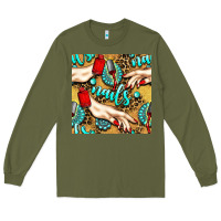 Army Green hand and nail polish with turquoise gemstone and leopard seamless patt Long Sleeve Tee - BundleAndBundleShop