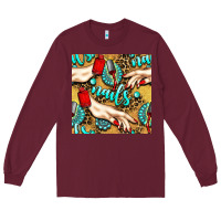Burgundy hand and nail polish with turquoise gemstone and leopard seamless patt Long Sleeve Tee - BundleAndBundleShop