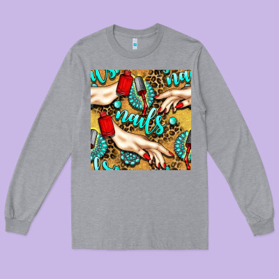 Hand And Nail Polish With Turquoise Gemstone And Leopard Seamless Patt Long Sleeve Tee Designed By Bundleandbundleshop