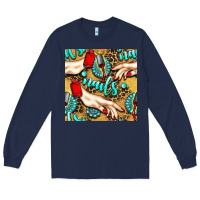Navy hand and nail polish with turquoise gemstone and leopard seamless patt Long Sleeve Tee - BundleAndBundleShop