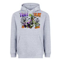 Heather Grey trick or treat with monster truck and t rex Heavyweight Hoodie - CowGirlArtShop