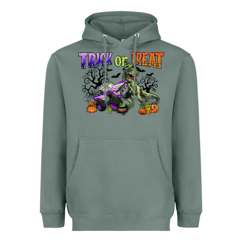 Trick Or Treat With Monster Truck And T Rex Heavyweight Hoodie by CowGirlArtShop | Teevron